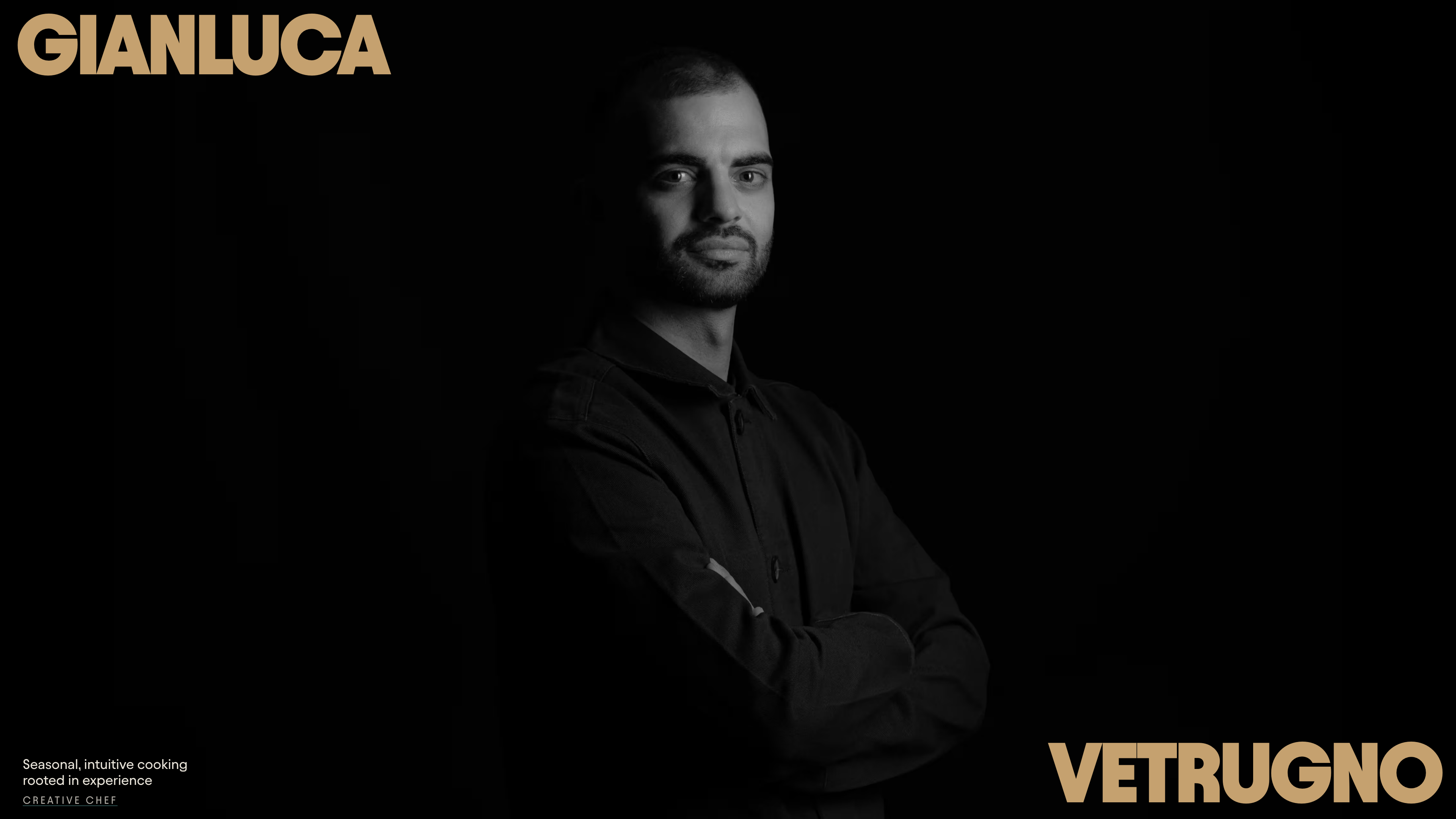 Mockup of private chef Gianluca Vetrugno portfolio website featuring dark aesthetic and fine-dining dishes